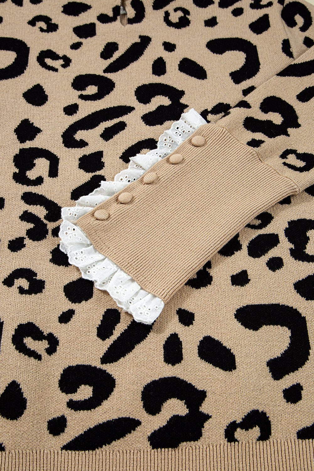 Brown Leopard Pattern Lace Ribbed Detail Button Cuffed Sweater
