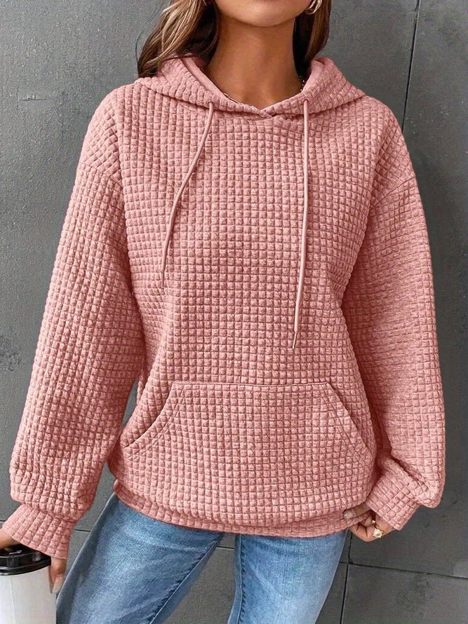 Waffle Grid Kangaroo Pocket Hoodie, Casual Long Sleeve Drawstring Hoodies Sweatshirt