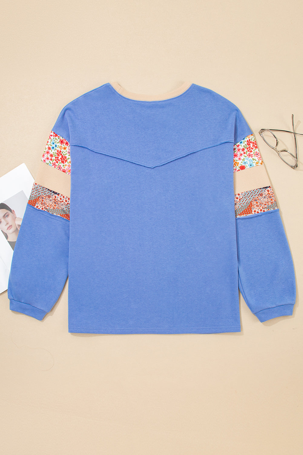 Blue Exposed Seam Floral Mixed Patchwork Relaxed Plus Size Top