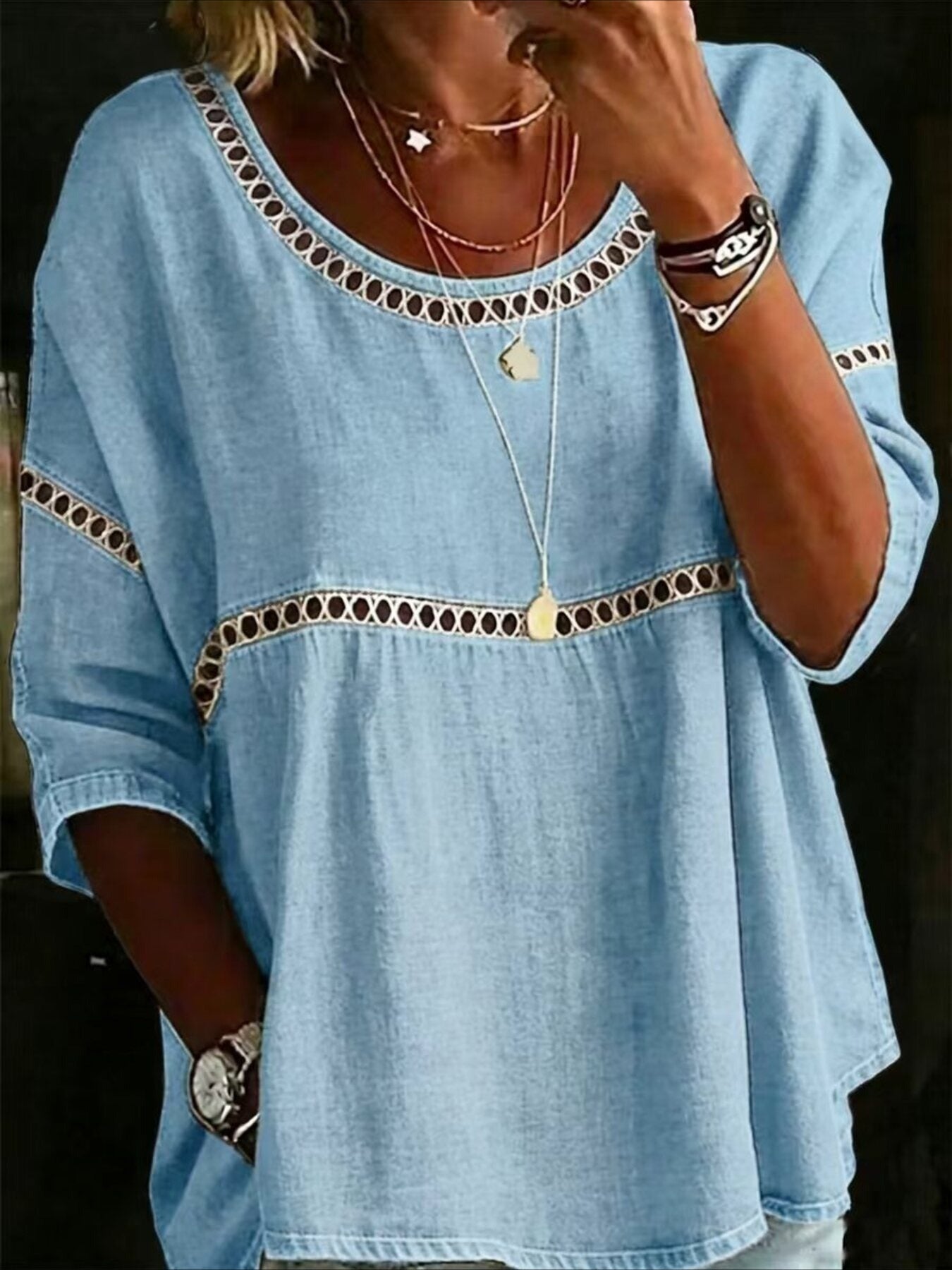 Printed Mid Sleeve Pleated Round Neck Top