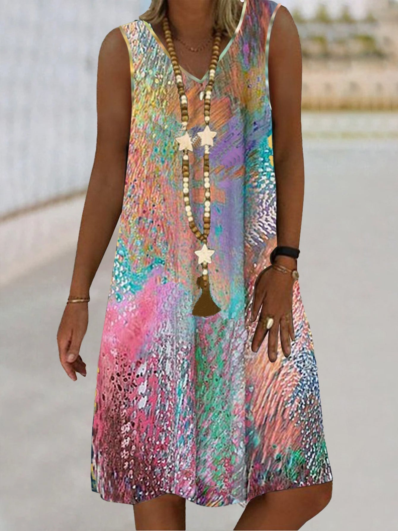 Floral Print V-neck Tank Dress, Vacation Sleeveless Dress