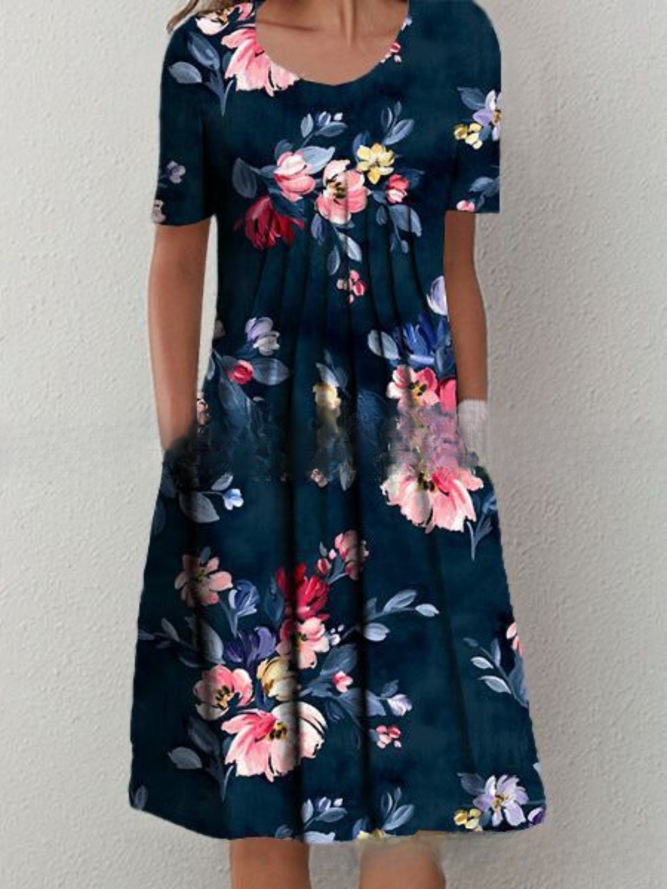 Mandala Print Short Sleeve Tucked Dress, Casual Crew Neck Dress