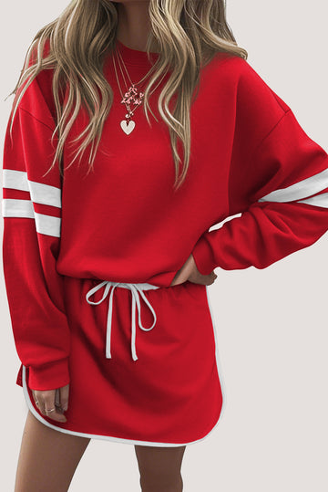 Fiery Red Varsity Stripe Detail Drop Shoulder Pullover Mini Skirt Set