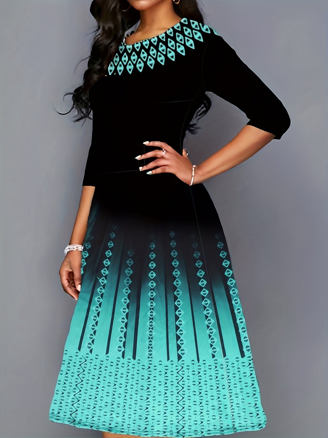 Argyle Print Color Block Dress, Casual Crew Neck Half Sleeve Midi Dress