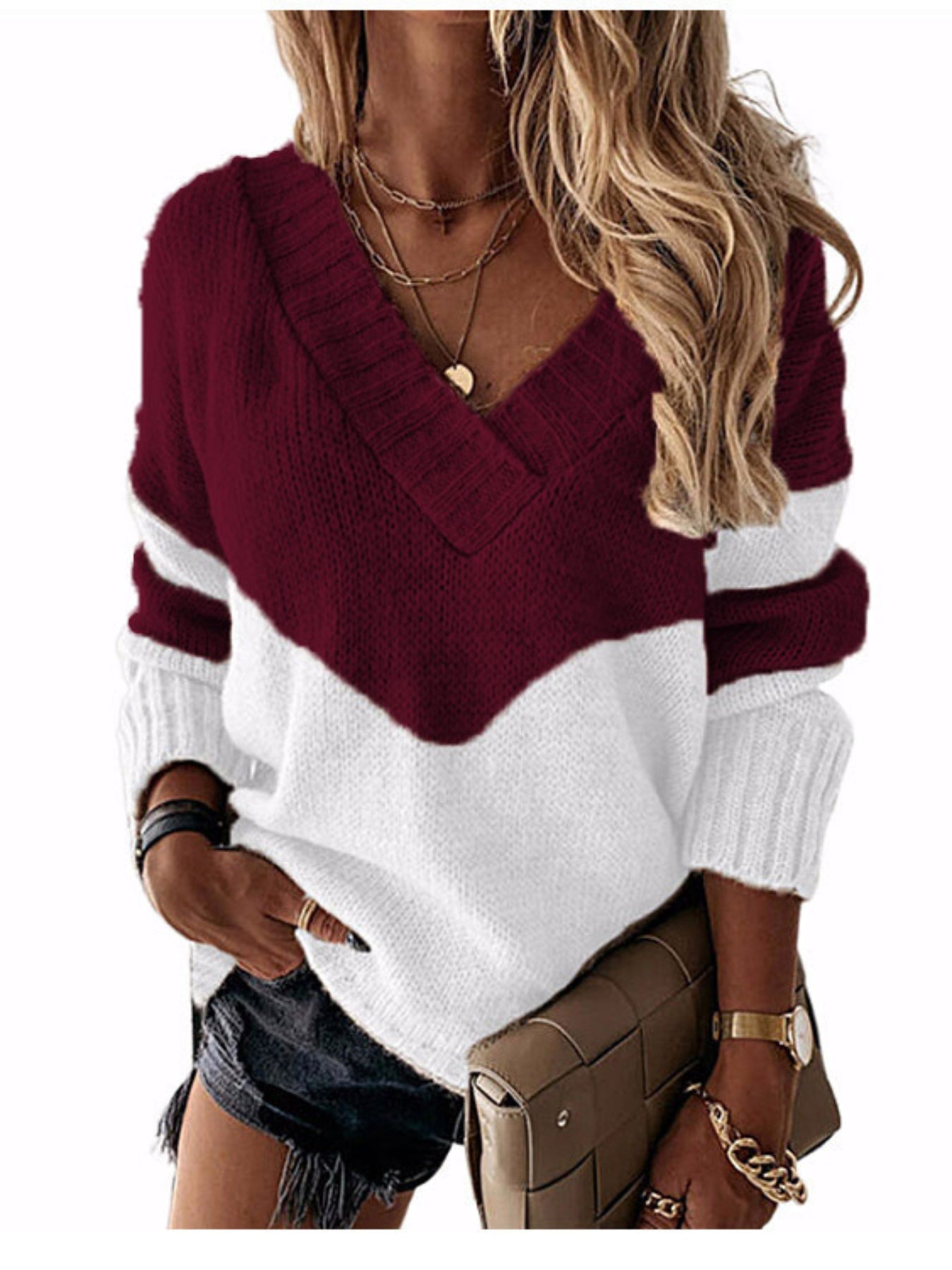 Color Block Simple Knit Sweater, Casual V Neck Long Sleeve Sweater