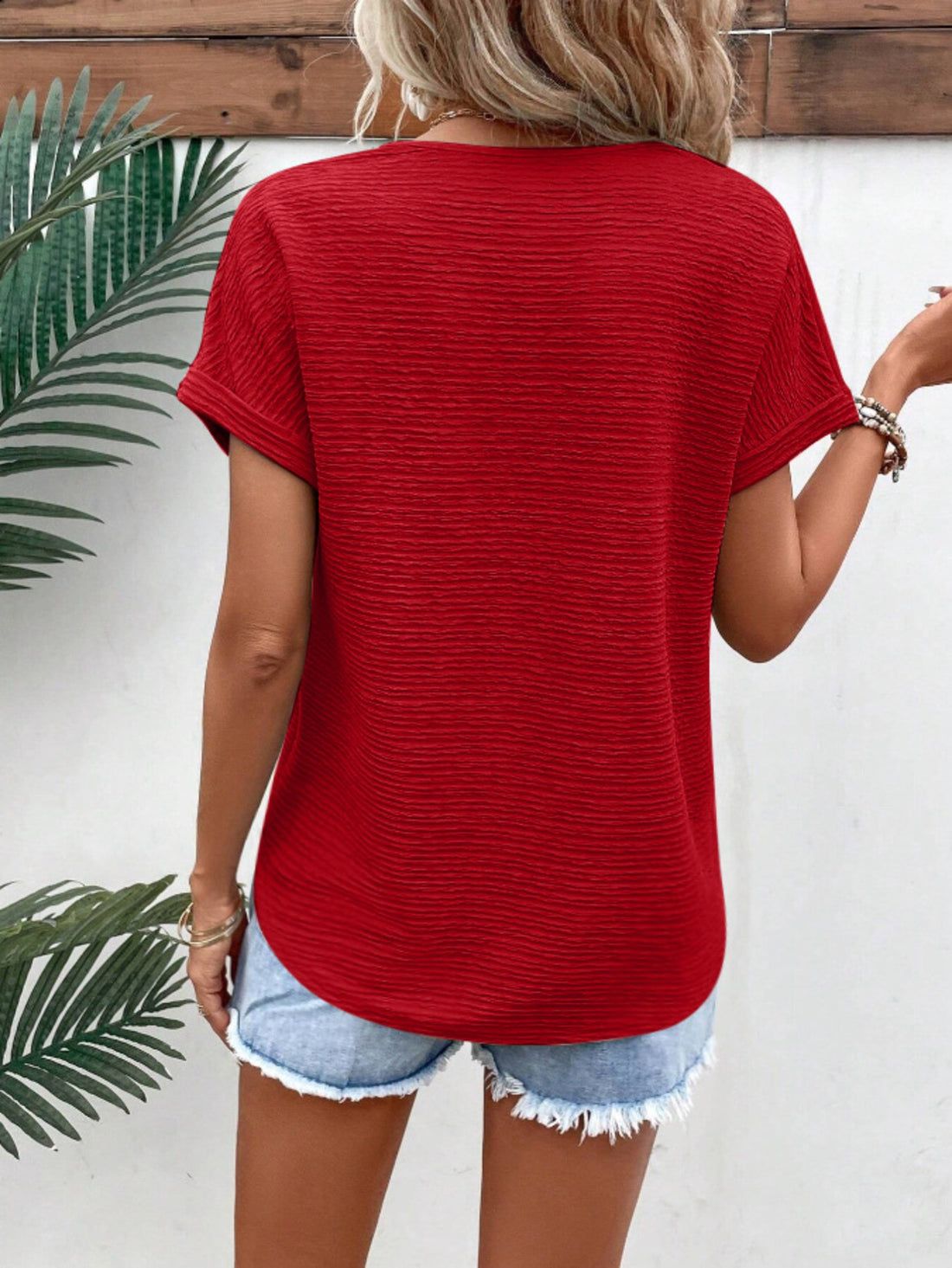 Textured V Neck T-shirt, Casual Short Sleeve Top