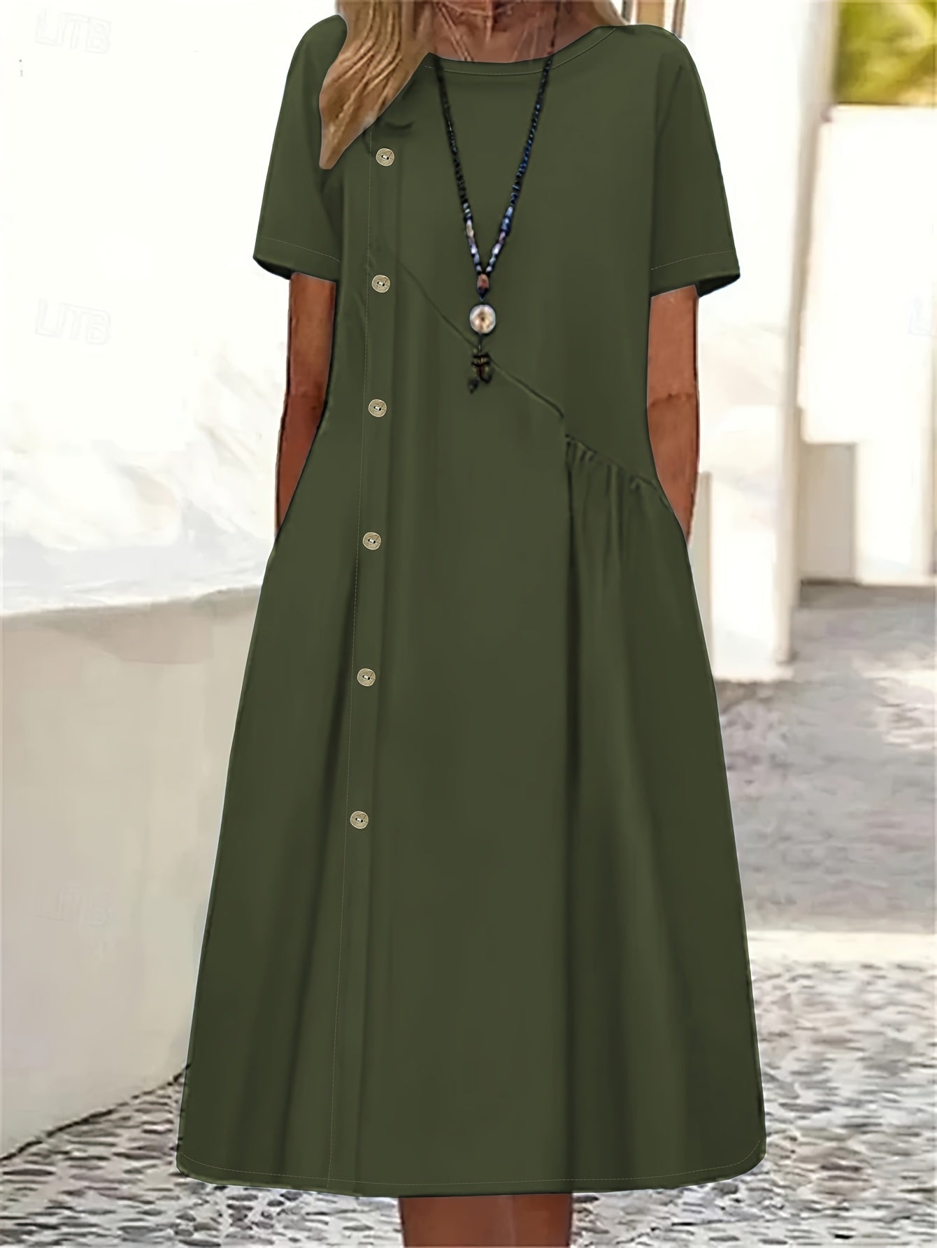 Polyester Women's Summer Dress | Light Blue Casual A-Line Mini with Decorative Buttons