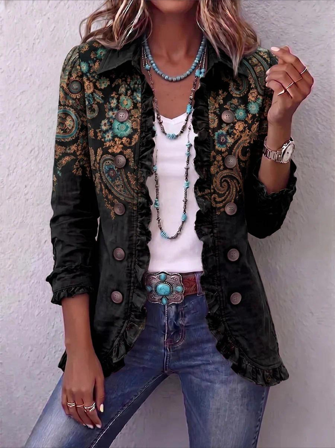 Western Style Pattern Print Long Sleeve Ruffle Edge Open Button Cardigan Coat