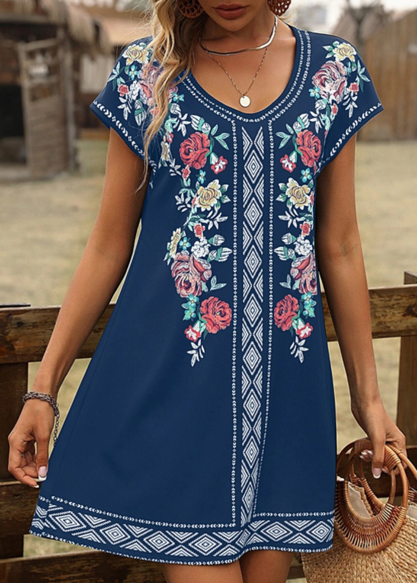 Short Sleeve Print Flora Retro Loose O Neck Mini Dress