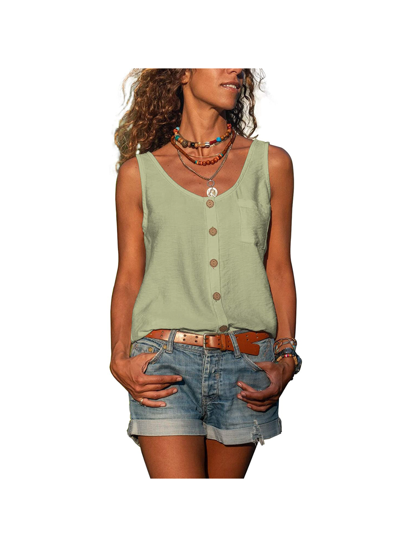 Button Front Scoop Neck Tank Top, Casual Summer Sleeveless Solid Tank Top