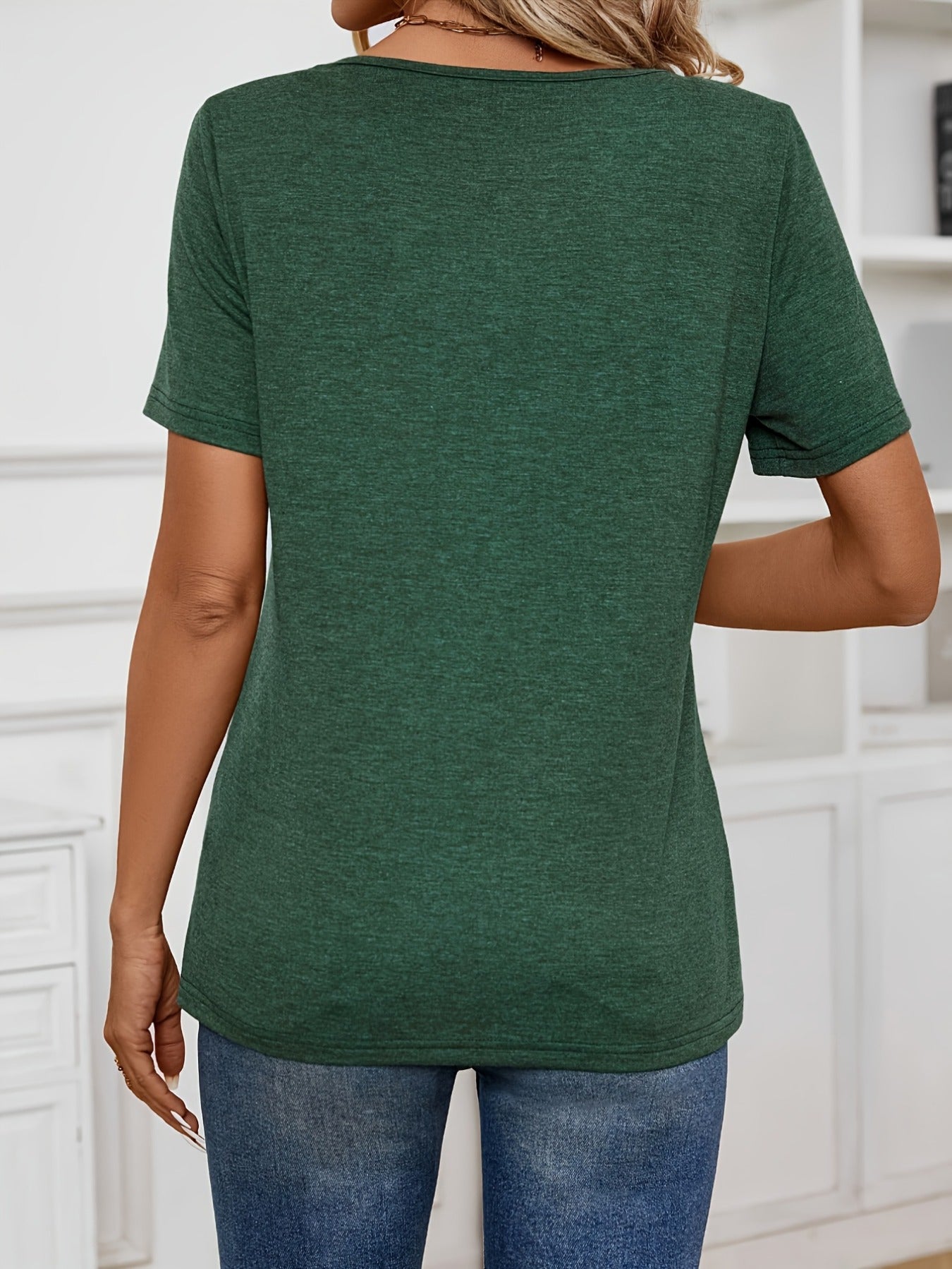 Button Decor Solid T-Shirt, Casual Crew Neck Short Sleeve Top
