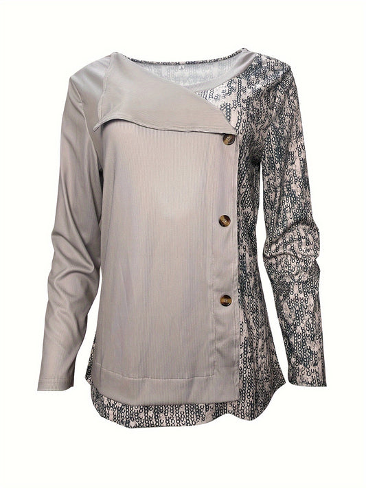 Sequined Button Decor V-neck Splicing T-Shirt, Casual Long Sleeve T-Shirt