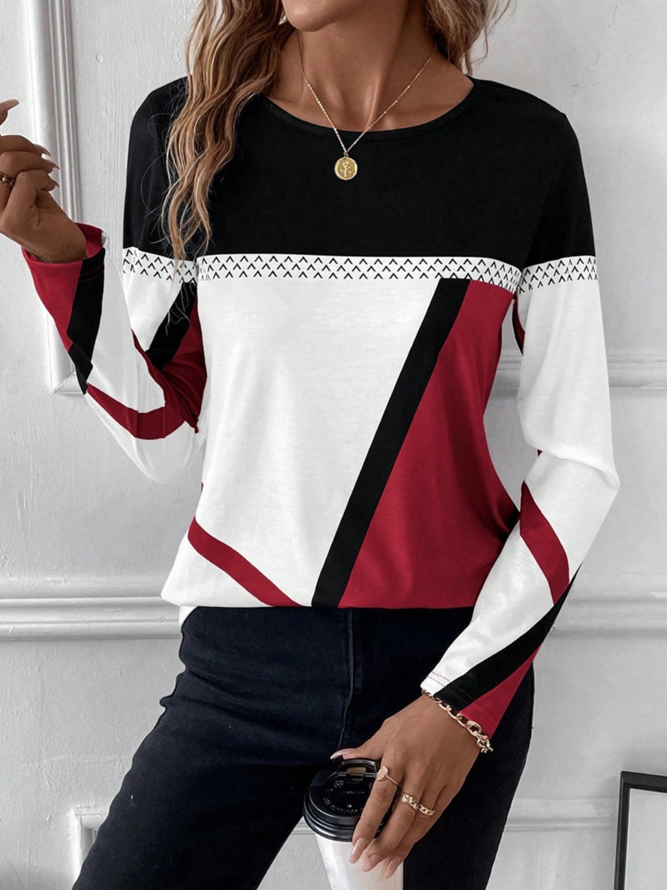 Color Block Crew Neck T-shirt, Casual Long Sleeve Top For Spring & Fa