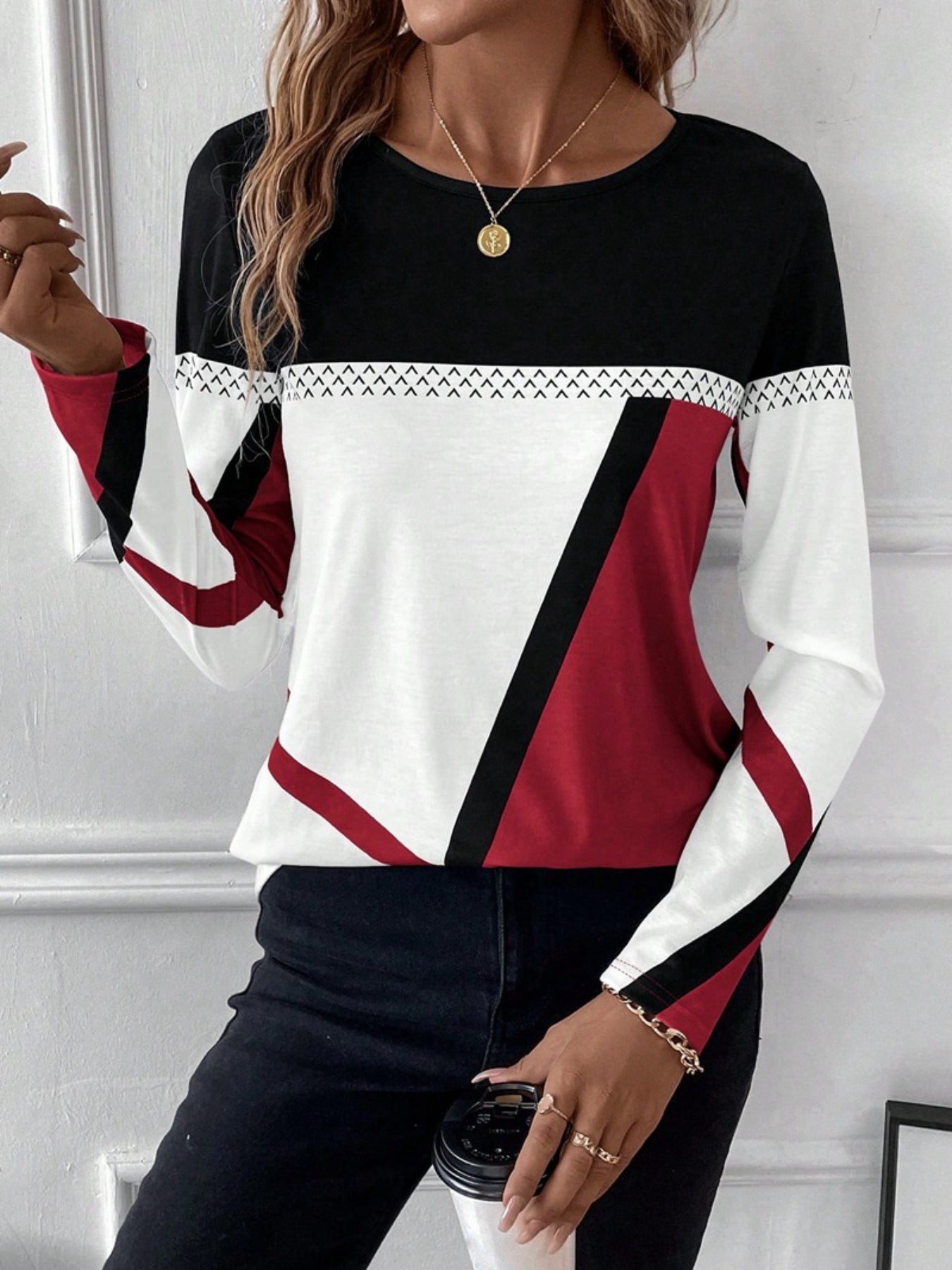 Color Block Crew Neck T-shirt, Casual Long Sleeve Top