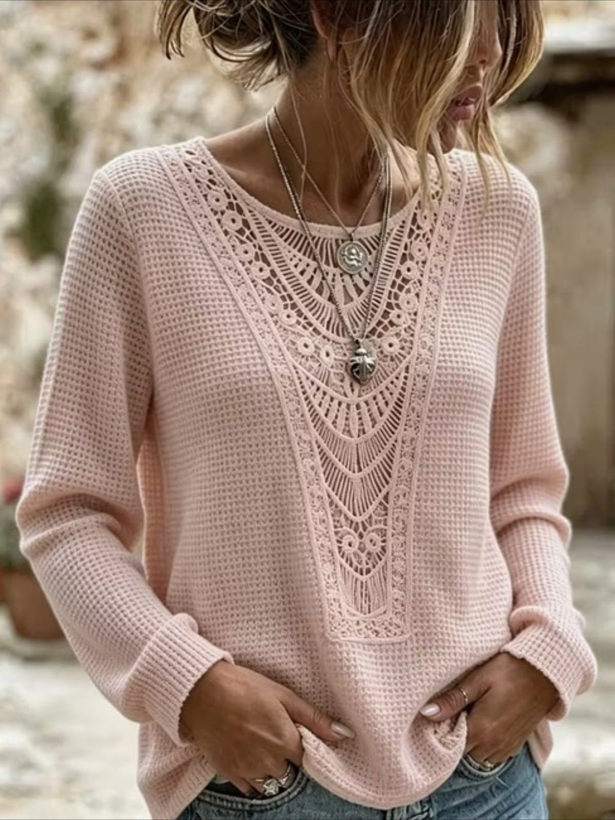 Pineapple Checked Lace Splicing Long Sleeve Solid Color T-shirt
