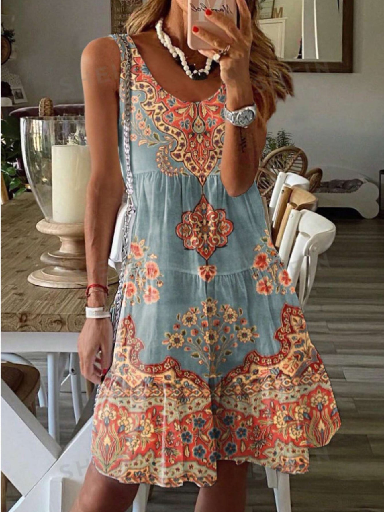Floral Print Ruched Tank Dress, Vacation Style Sleeveless Crew Neck Dress