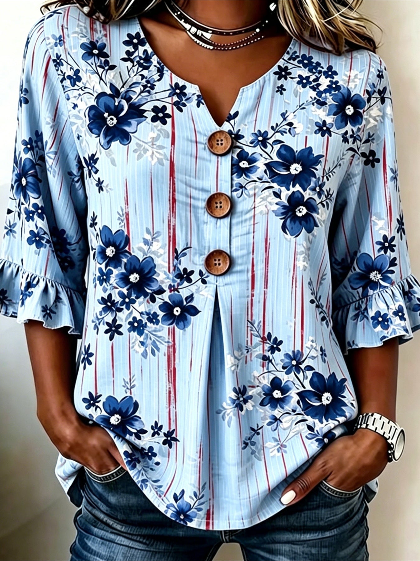 Flower Print V Neck Button Short Ruffle Sleeve Casual Top
