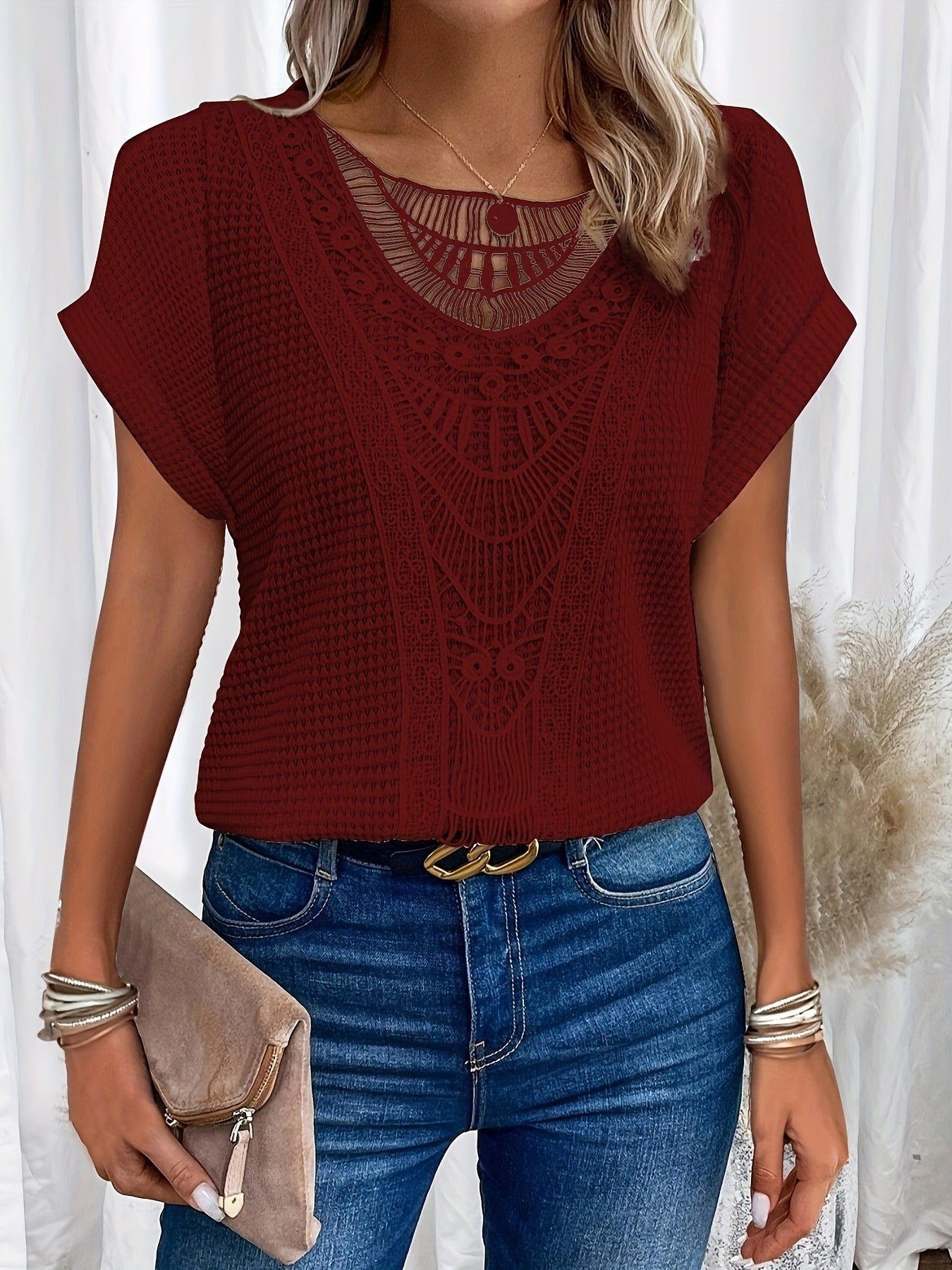 Contrast Lace Crew Neck T-Shirt, Casual Short Sleeve T-Shirt