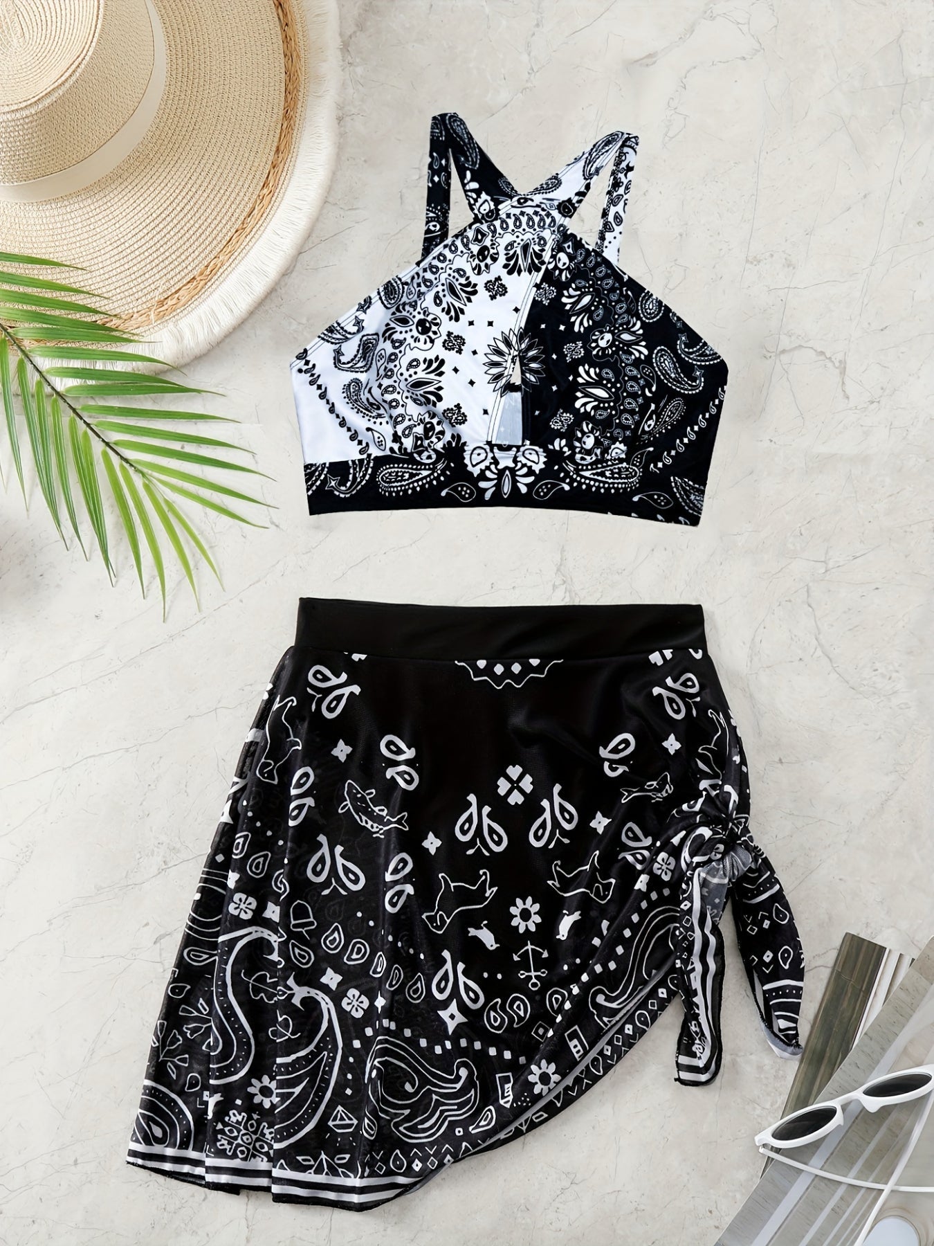 Black & White Paisley Floral Print Knot 2 Piece Set Bikini, Ring Hollow Out Stretchy Cross Top & Skorts Swimsuits