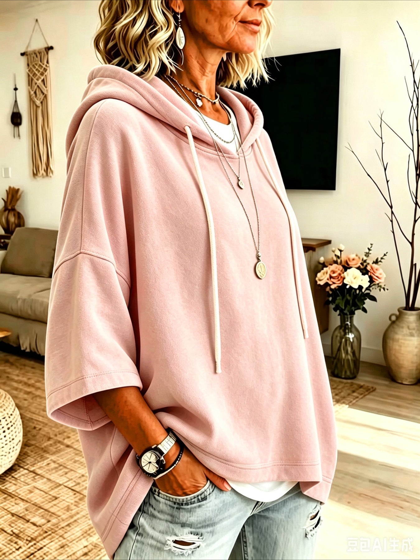 Seven-quarter Sleeves Solid Color Casual Hooded Sweatshirt