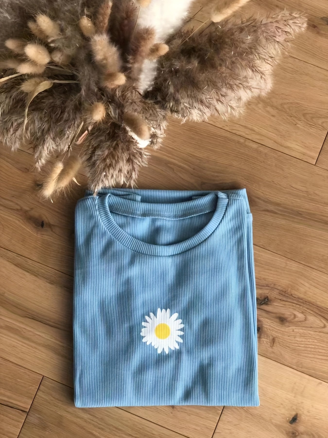Drop Shoulder Floral Print T-Shirt, Casual Crew Neck Long Sleeve T-Shirt