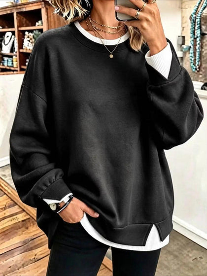 Plain Crew Neck Split Joint Casual Spring/Fall Long Sleeve Sweatshirt