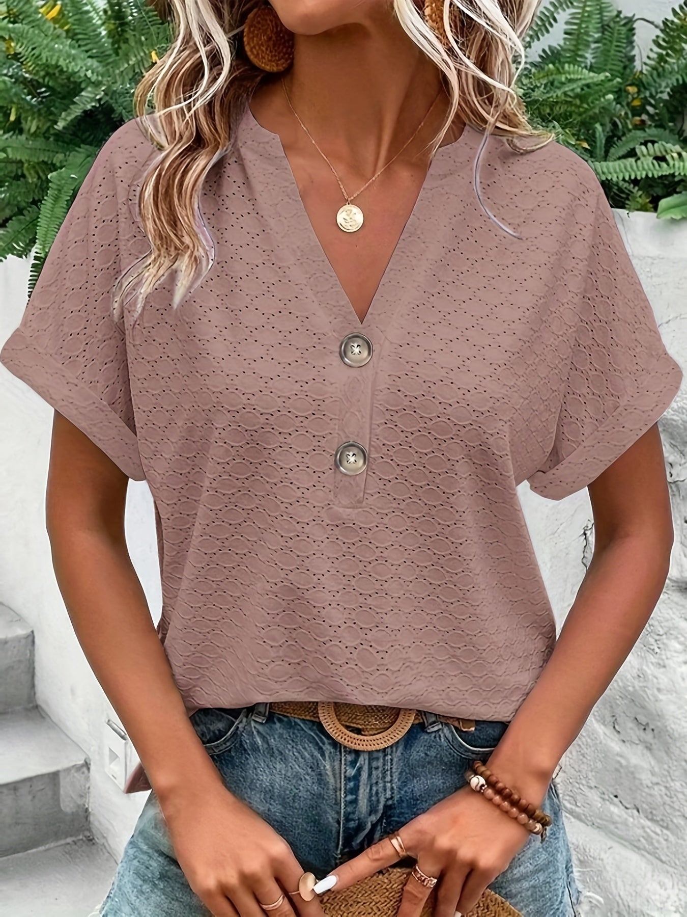 Solid Button Front V Neck T-Shirt, Casual Short Sleeve Top