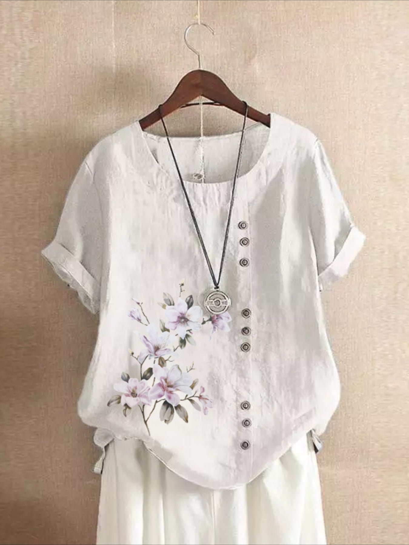 Relaxed Fit Short Sleeve Blouse with Floral Pattern