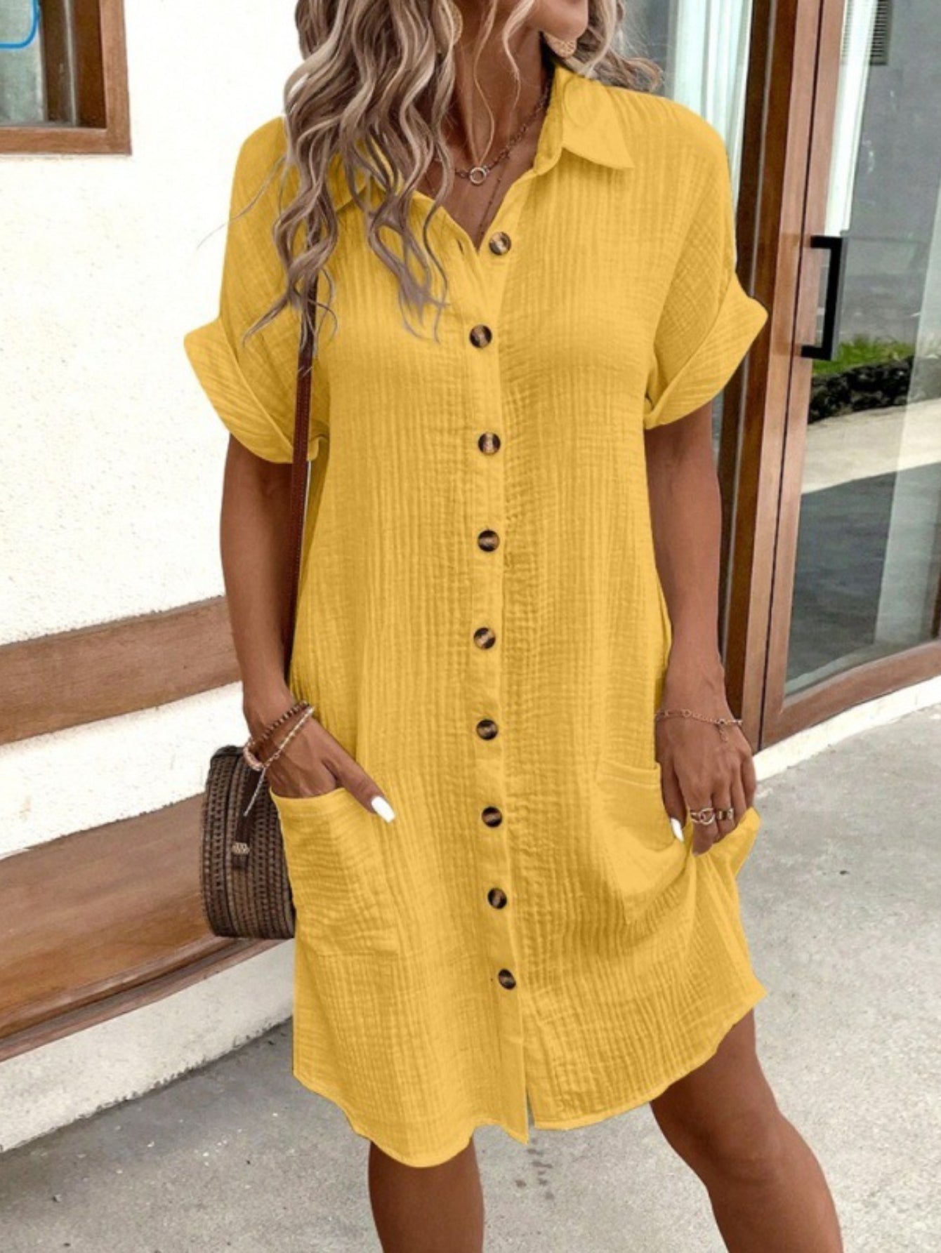 Women's summer new casual solid color single breasted medium long short sleeve loose casual dress