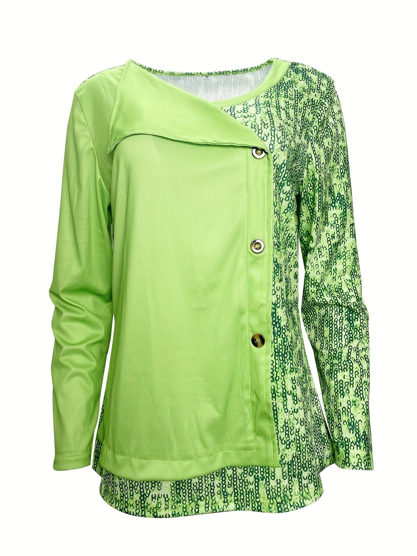 Sequined Button Decor V-neck Splicing T-Shirt, Casual Long Sleeve T-Shirt