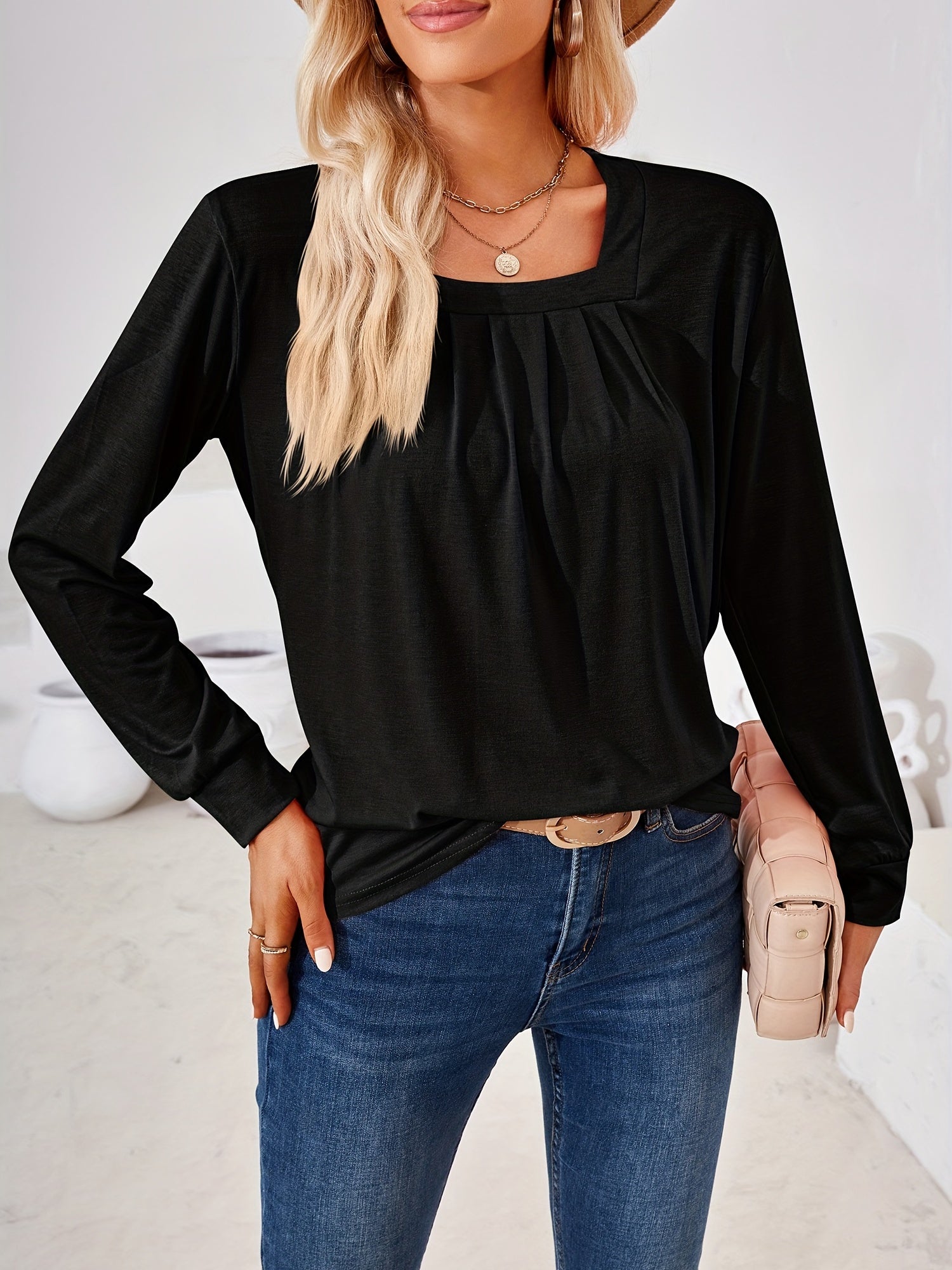 Solid Square Long Sleeve T-Shirt, Casual T-Shirt
