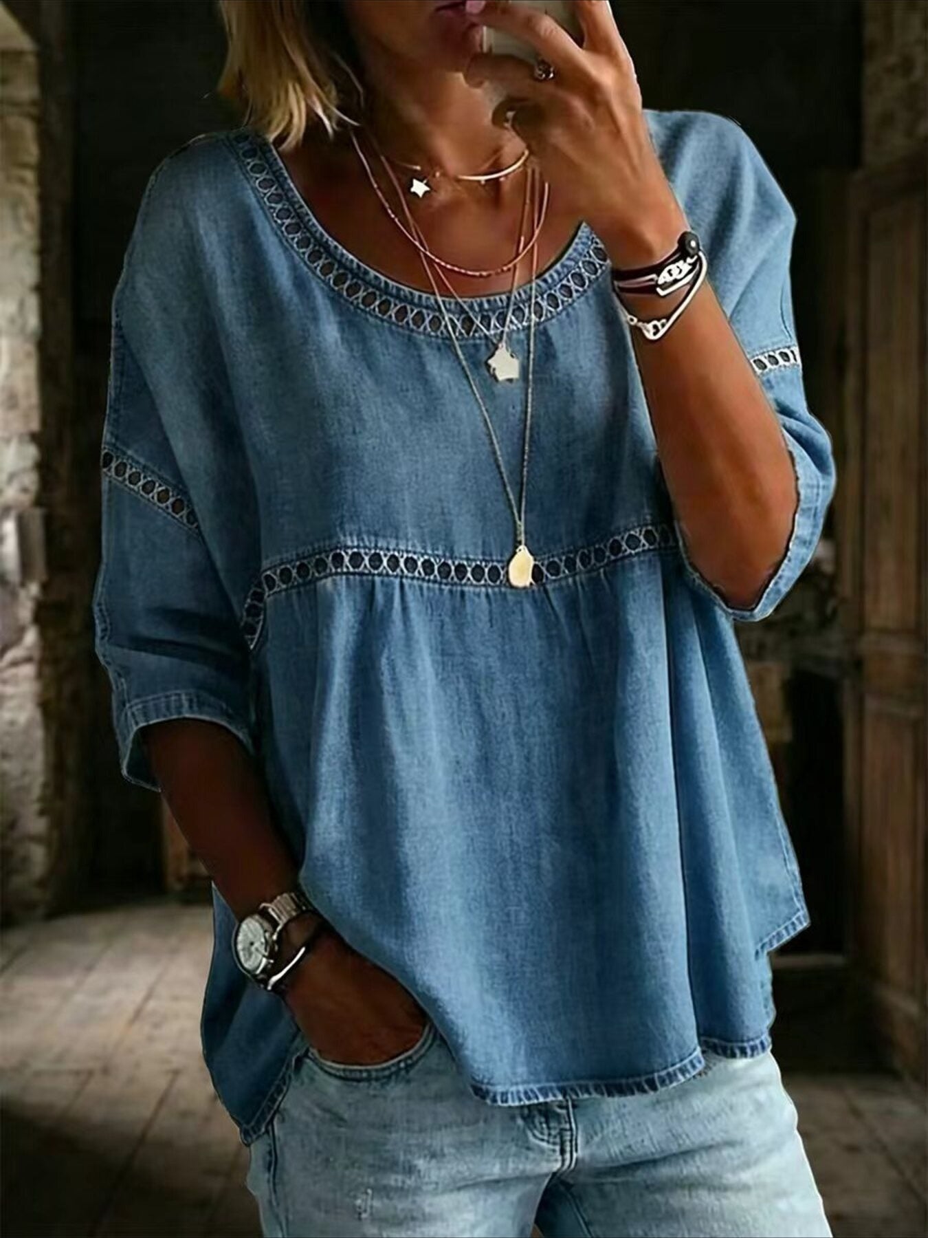 Flower Printed Mid Sleeve Pleated Round Neck Top