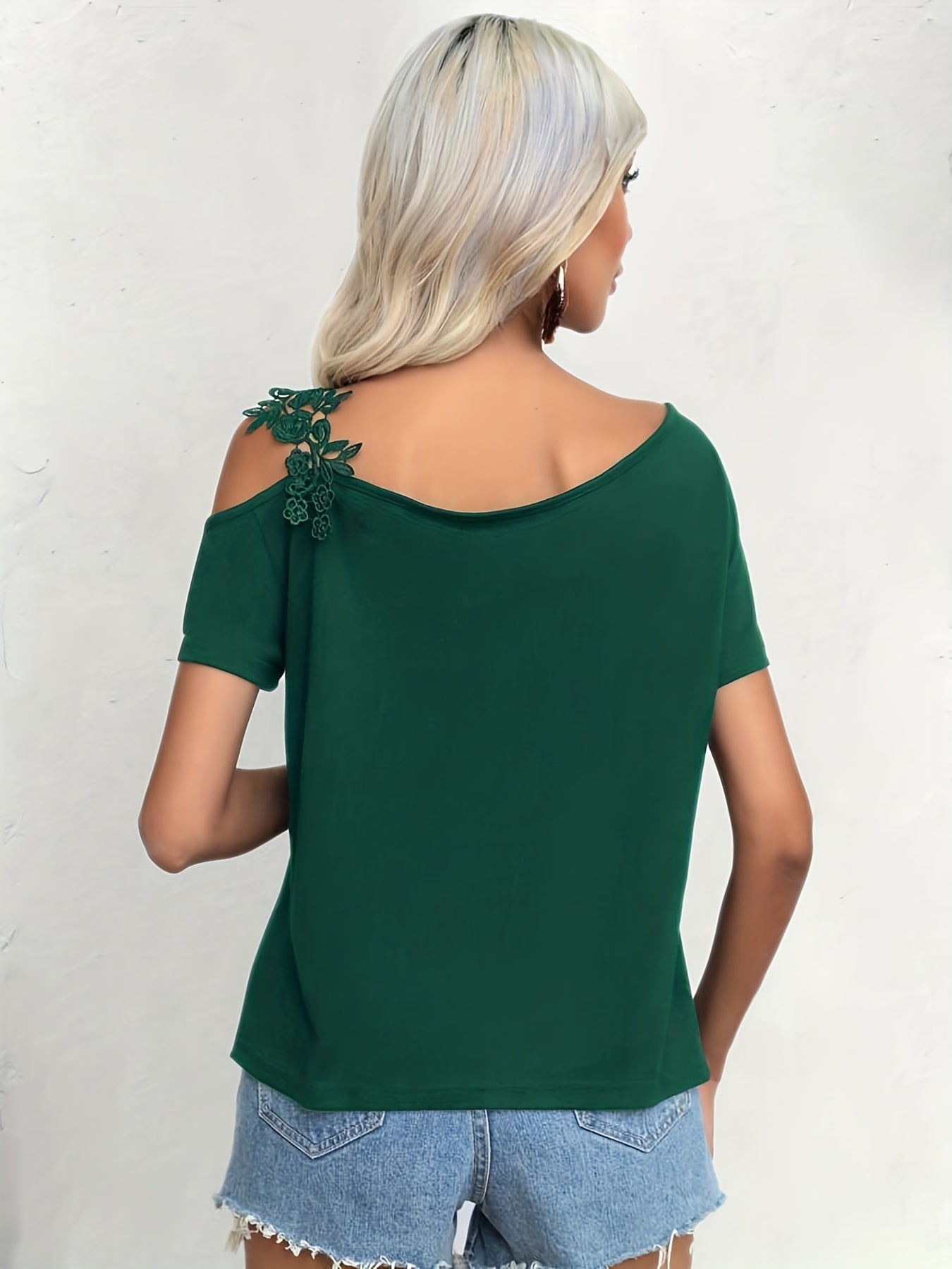 Women's Guipure Lace Asymmetrical Neck Short Sleeve T-Shirt