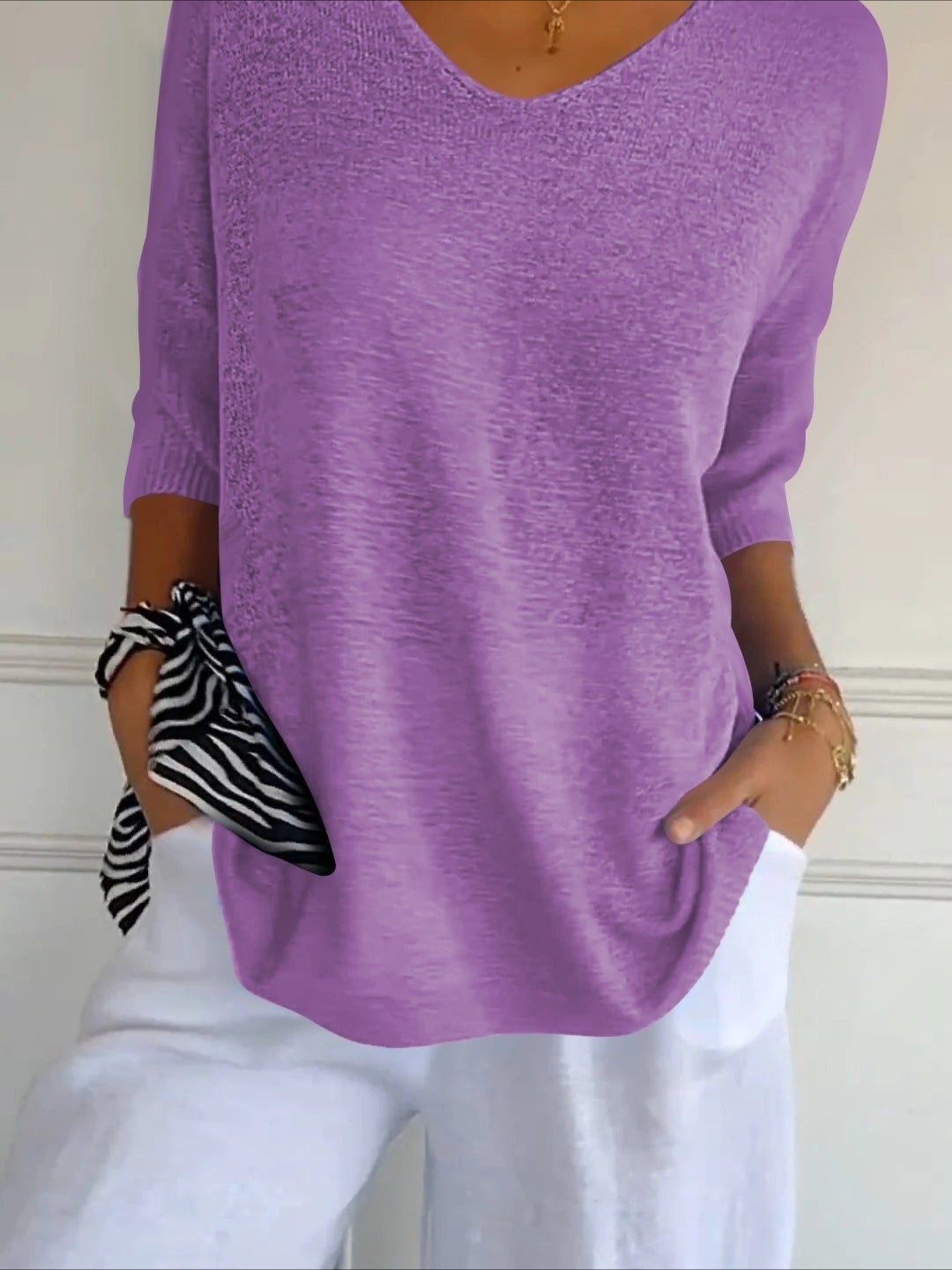 Lightweight Soft Casual 3/4 Sleeves V-Neck Sweater