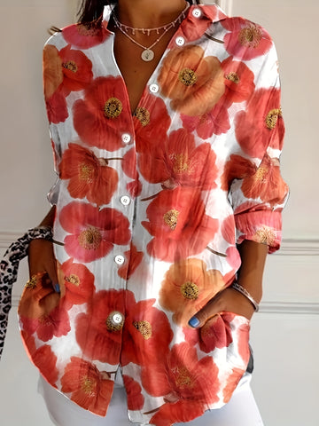 Middle Eastern-Inspired Floral Print Red Poppy Pattern on White Button-Front Placket Blouse