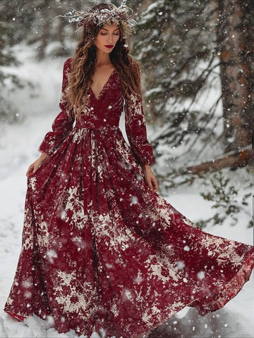 Christmas Snowflake Pleated Party Long Sleeve V Neck Maxi Dress
