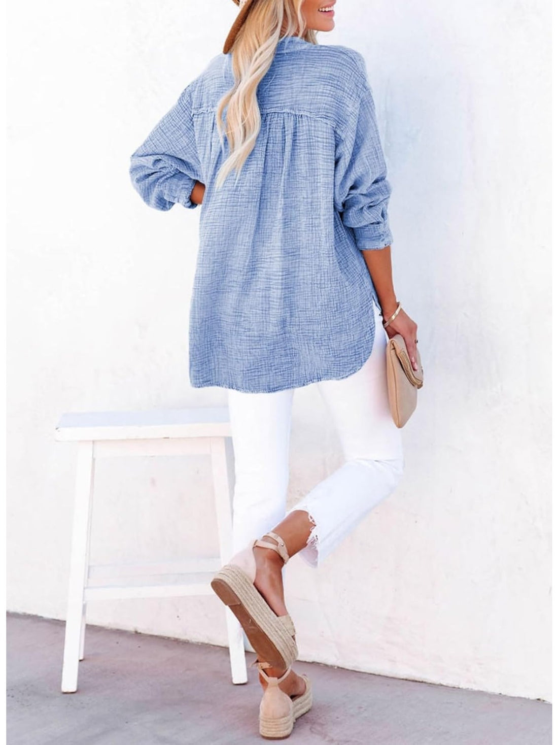 Long Sleeve Button Solid Color Pleated Detail Casual Oversized V-Neck Blouse