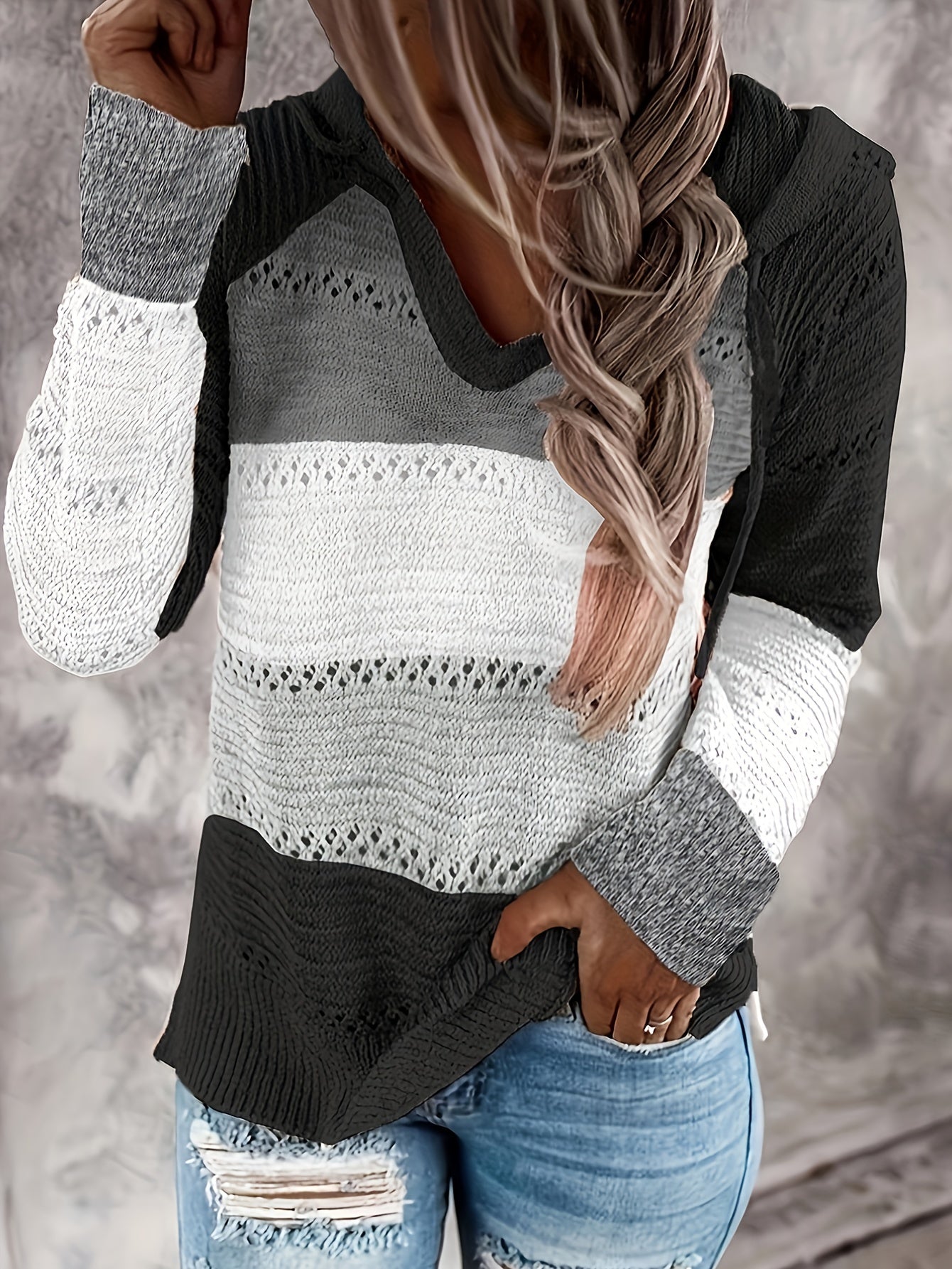 Women's Vacation-Ready Color Block Hooded Knit Sweater