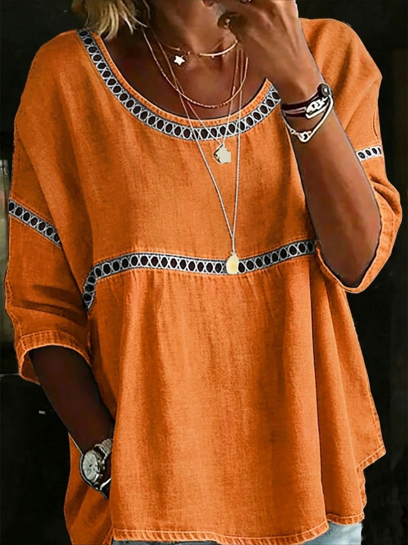 Printed Mid Sleeve Pleated Round Neck Top