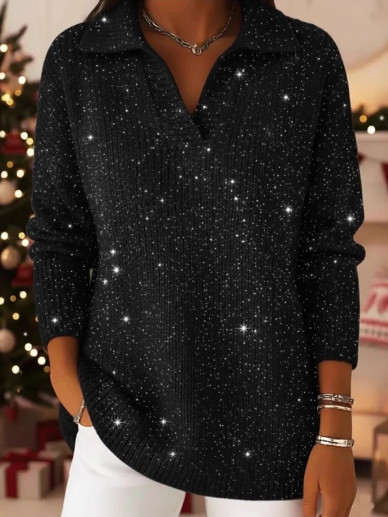 Gradient Color Party Polo Collar Shiny Loose Sweater Top