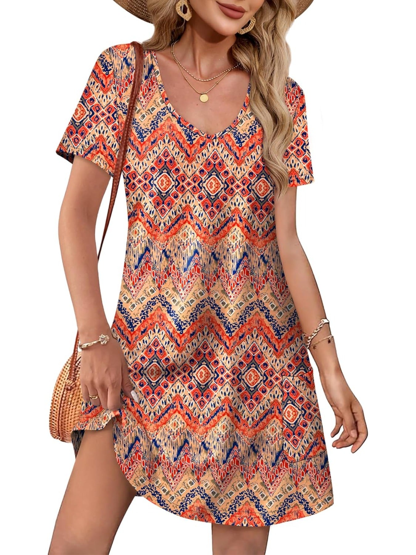 Loose V Neck Short Sleeve Casual T Shirt Dress