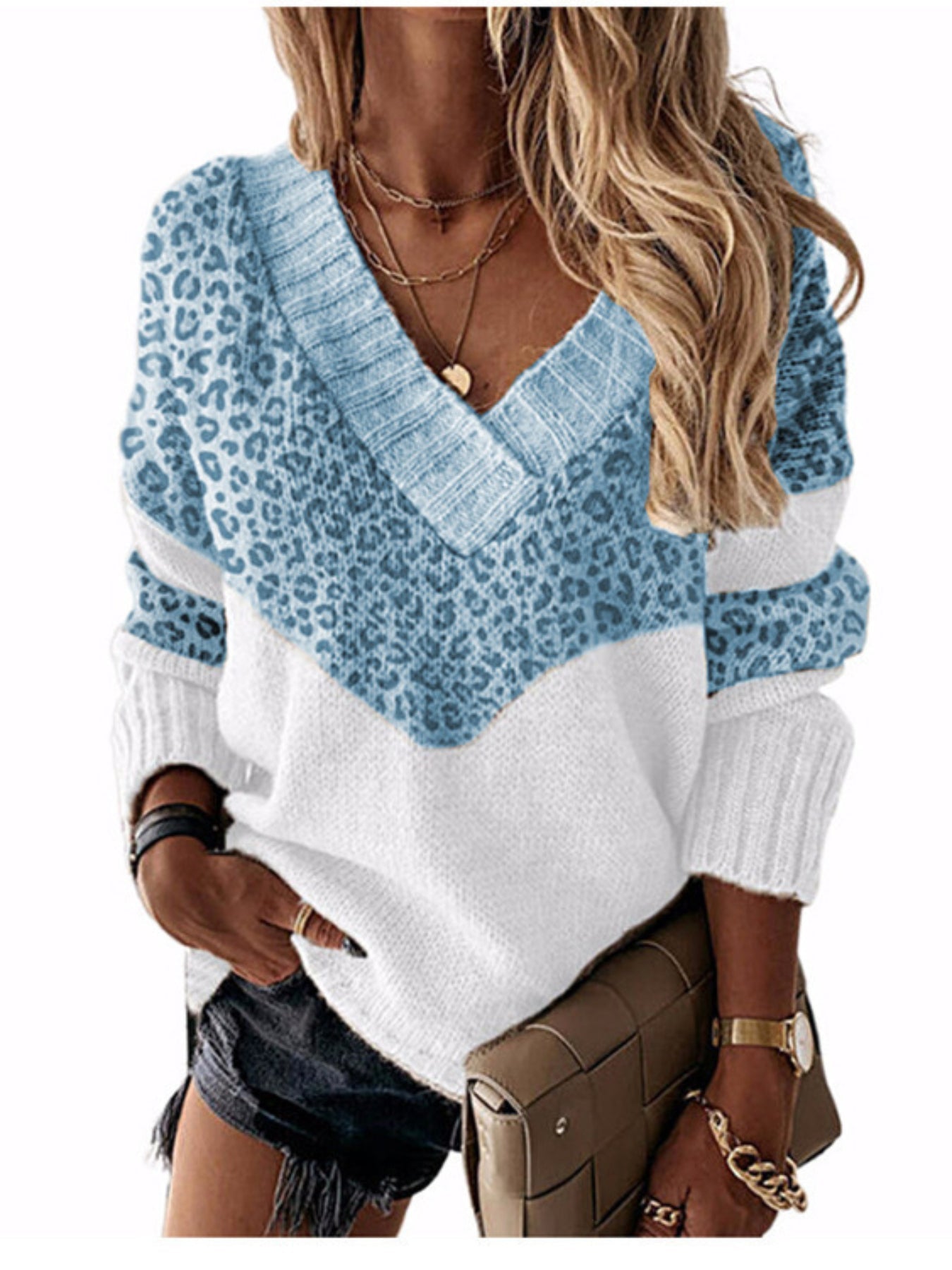 Color Block Simple Knit Sweater, Casual V Neck Long Sleeve Sweater