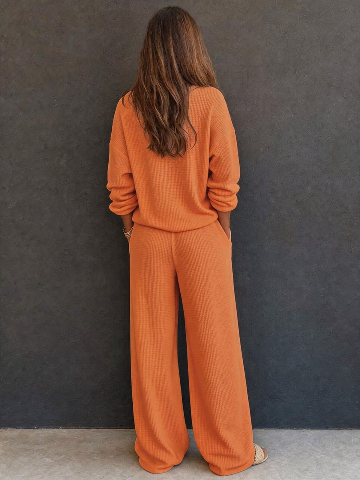 Waffle Knit Button Detail Top and Pants Set