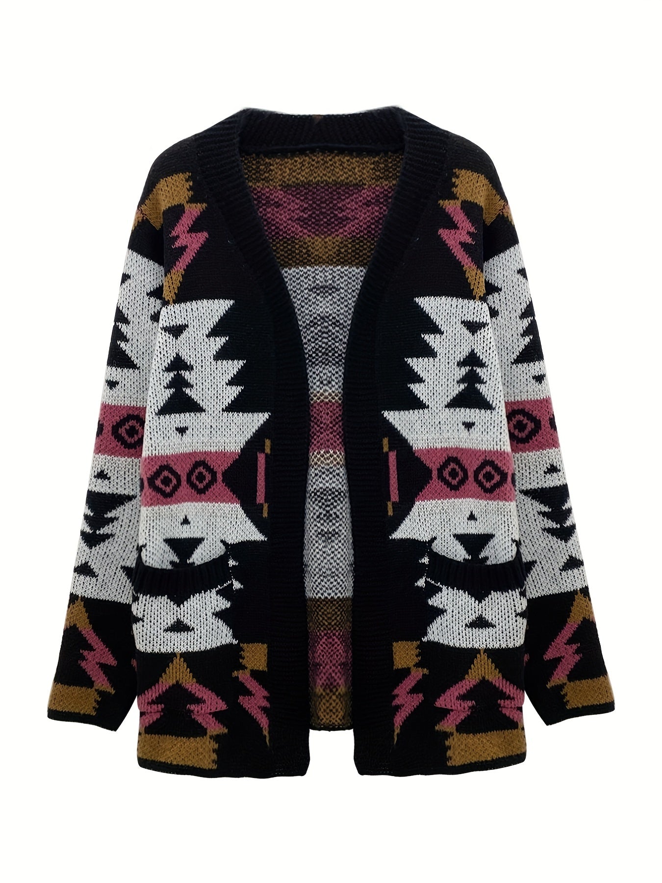 Stylish Women's Long Sleeve Ethnic Pattern Open Front Pocket Cardigan for Casual Wear