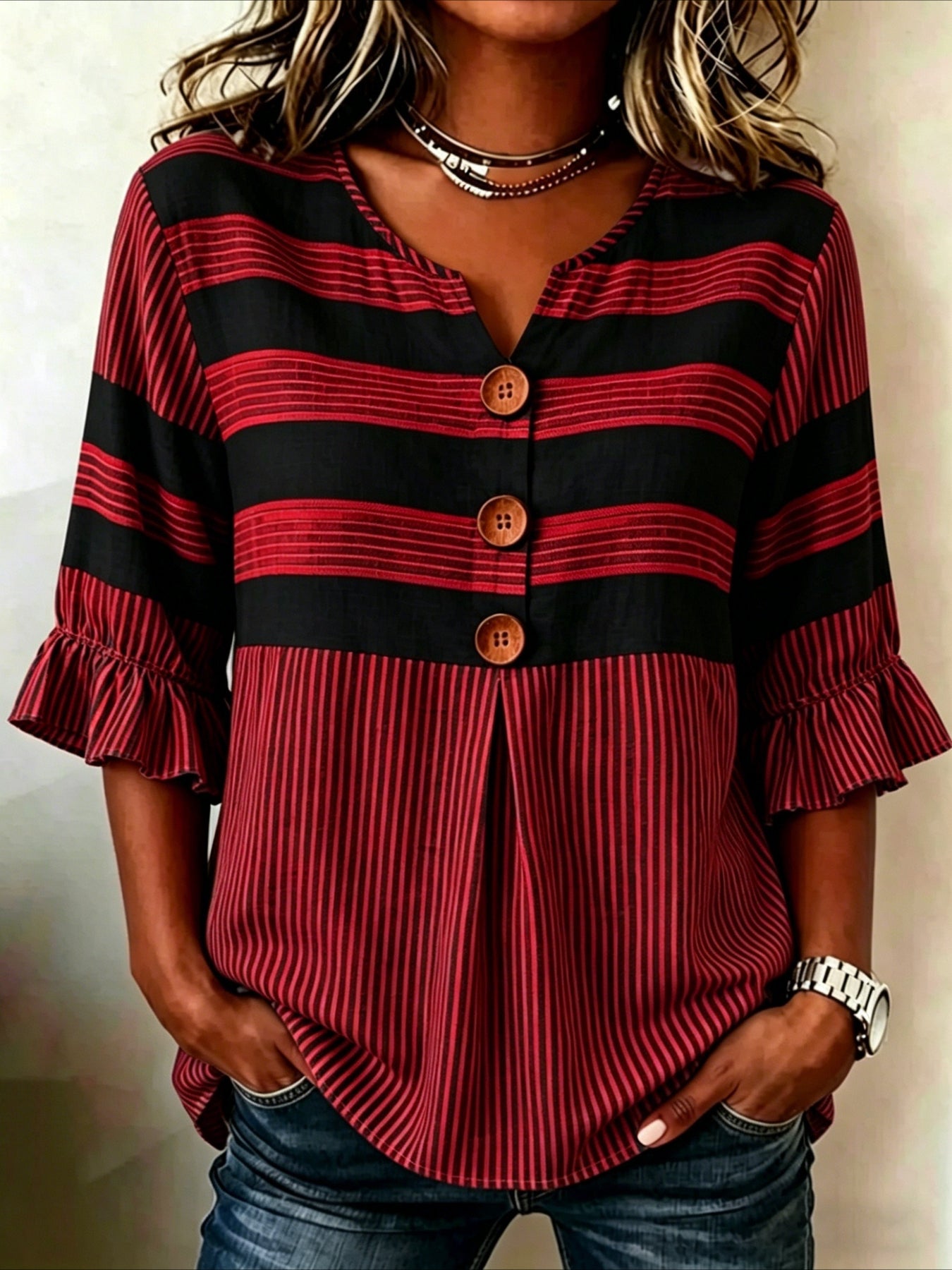 Striped Print V Neck Button Short Ruffle Sleeve Casual Top