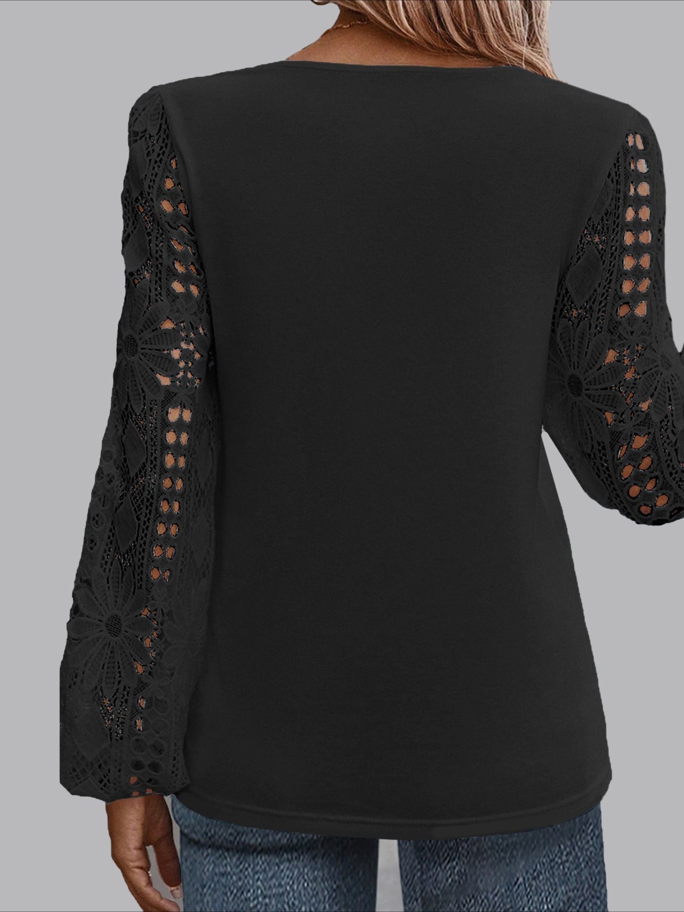 Eyelet Casual Solid Color Regular Long Sleeve Asymmetrical Lace Patchwork Tops