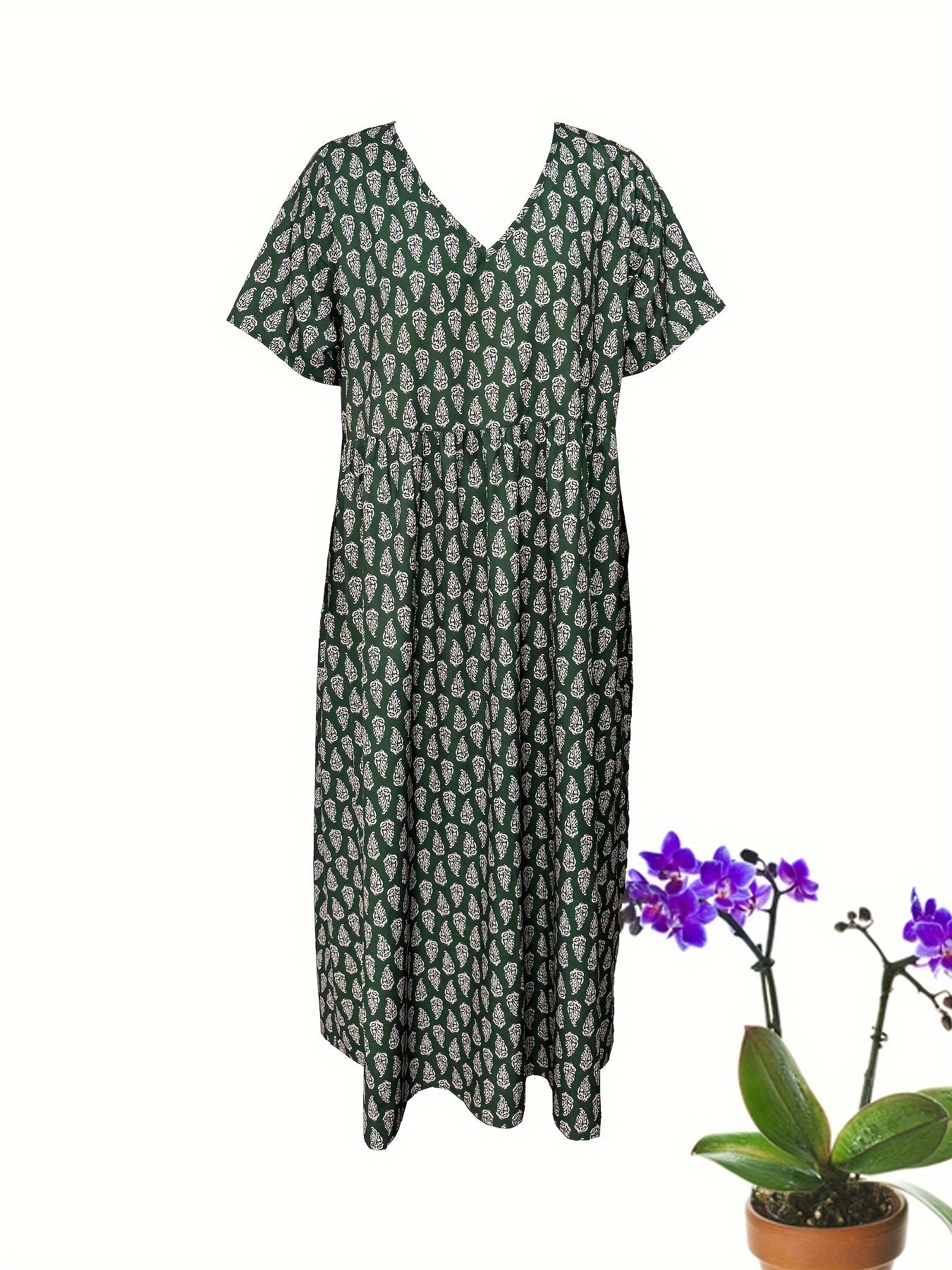 All Over Print Dress, Casual V Neck Short Sleeve Dress