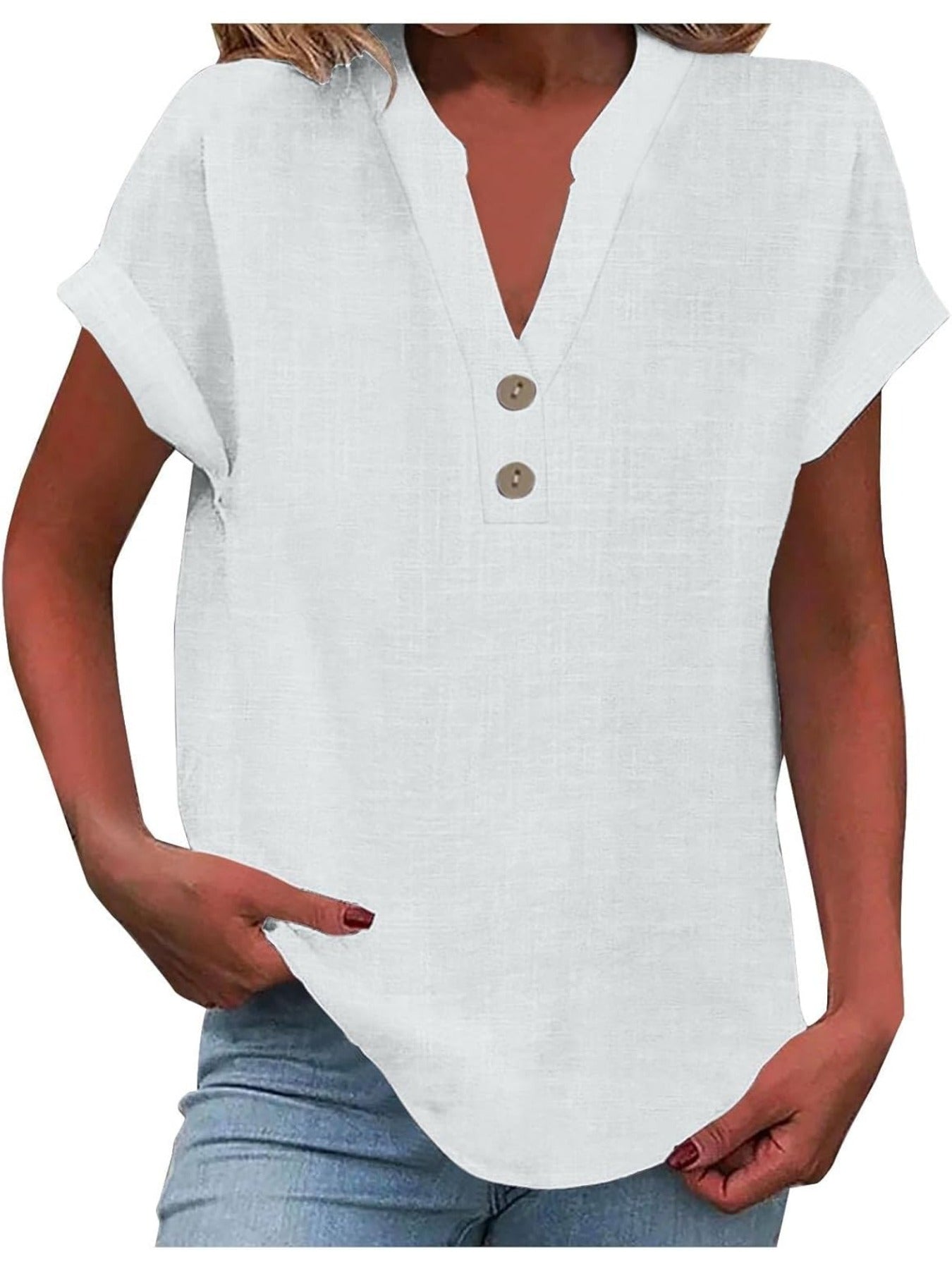 Solid Color V Neck Short Sleeve Button Down T Shirts