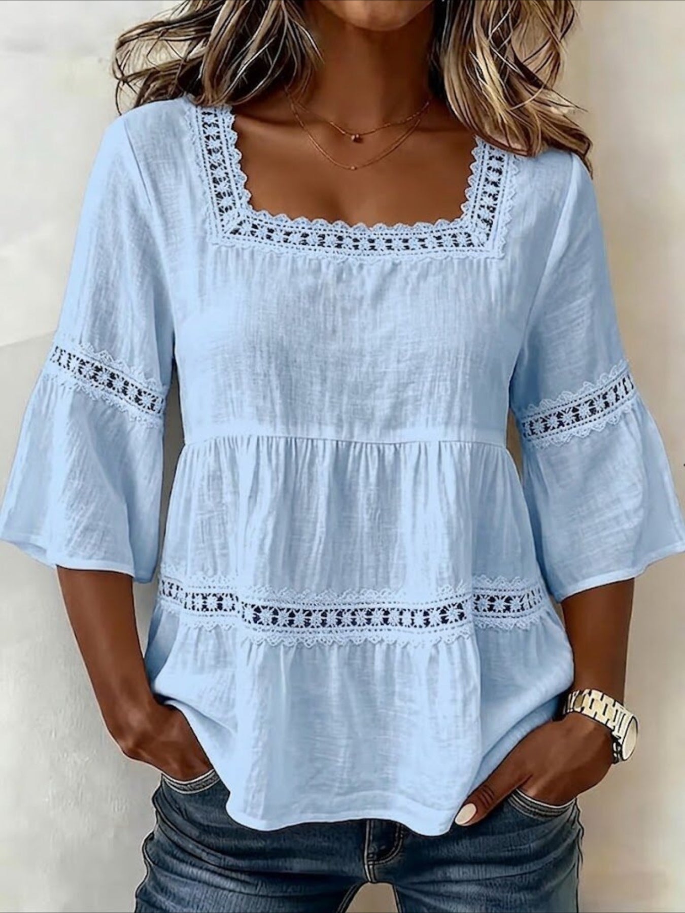 3/4-Length Bell Sleeves Square-Neck Lace-Panel Blouse