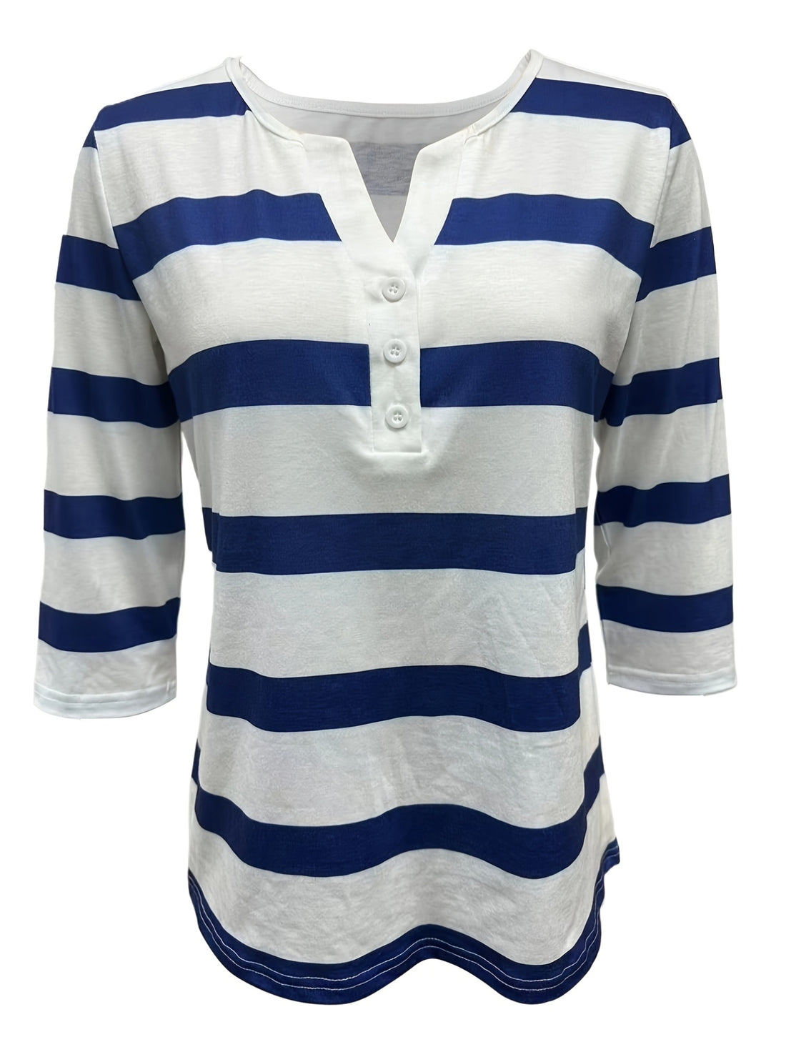 Women's V-Neck Striped T-Shirt - Soft Knit Polyester, Three Quarter Sleeve